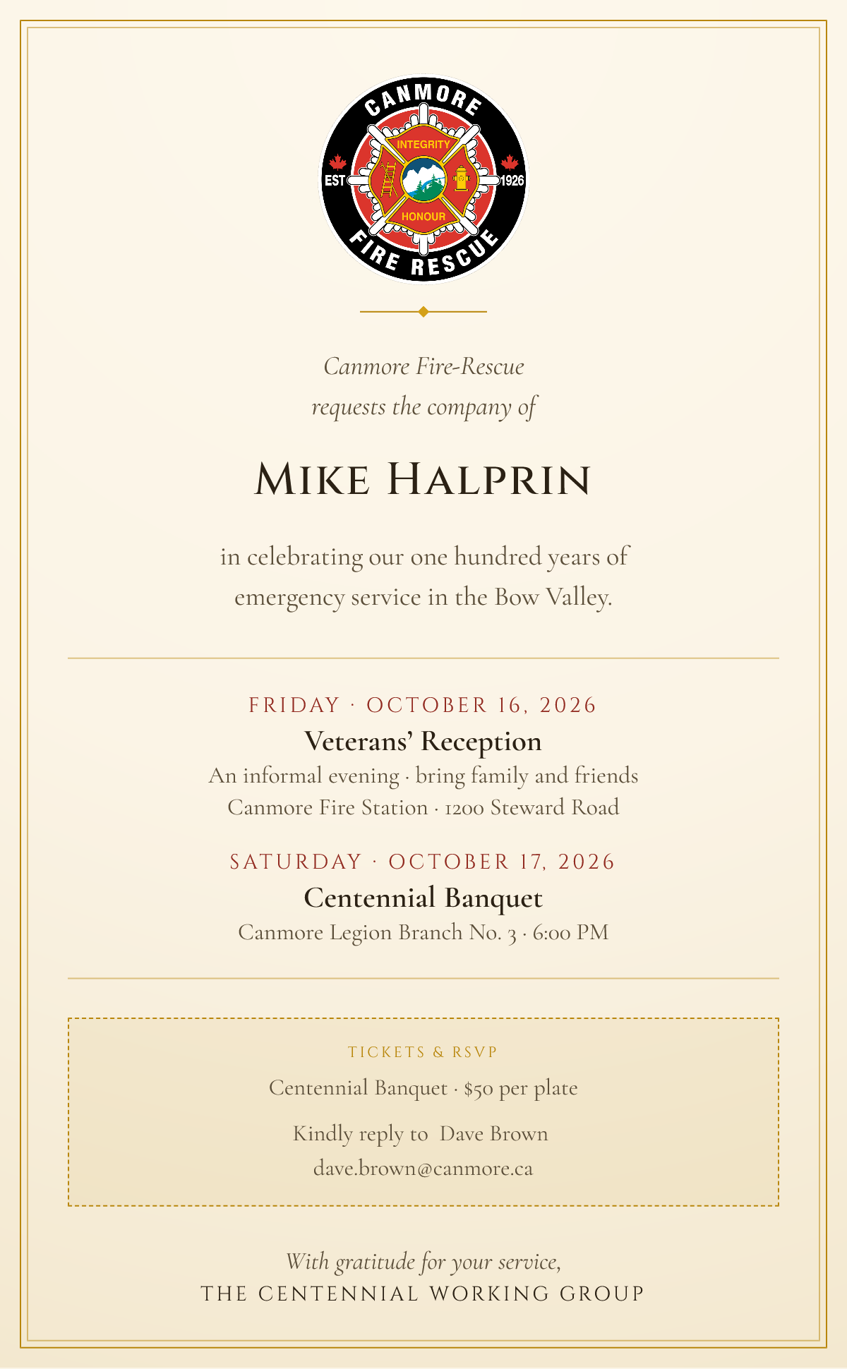 Sample personalized centennial invitation, filled out for a veteran